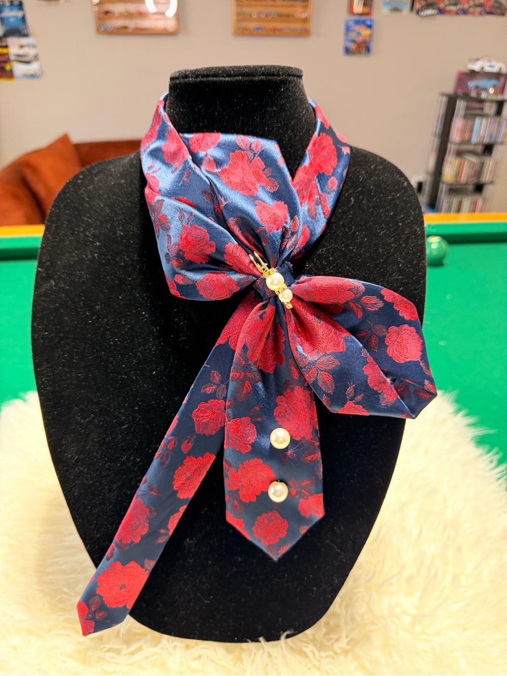 Floral Pearl Accent Neck Scarf in Navy and Red